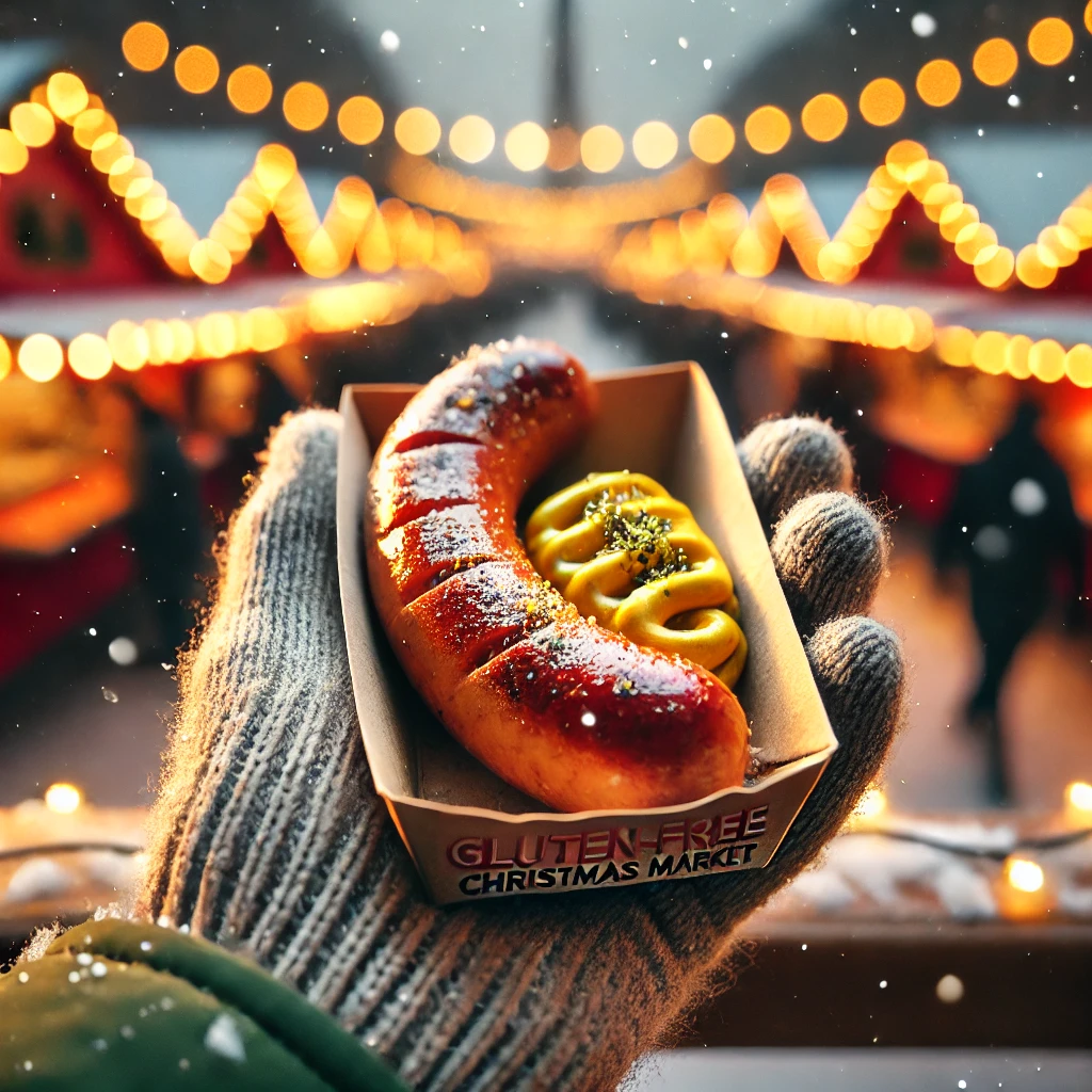 Person holding a gluten-free sausage at Berlin’s Spandau Christmas Market.